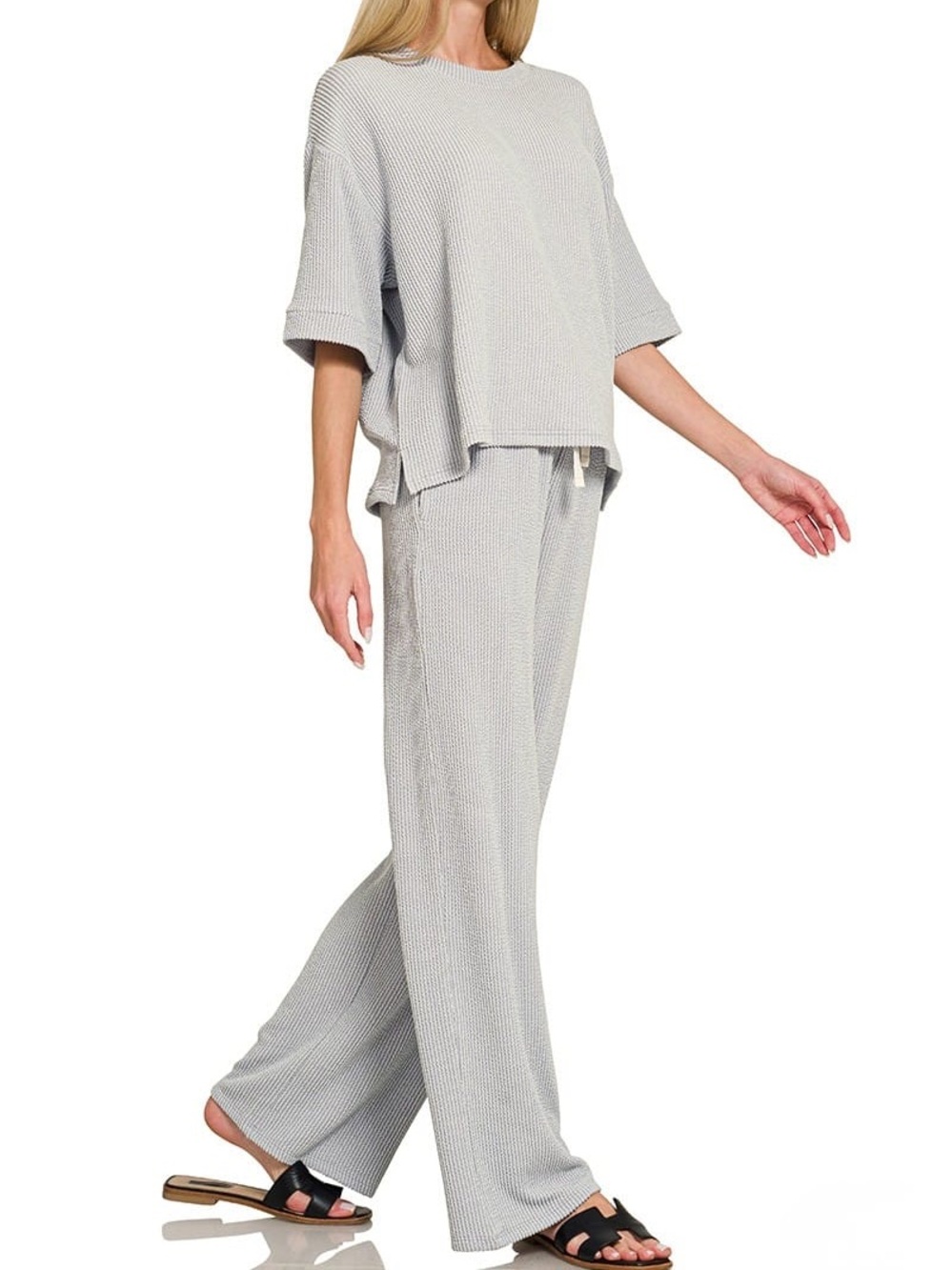 NWT🩶Zenana Raised Rib Short Sleeve Tee & Pants Set light gray small